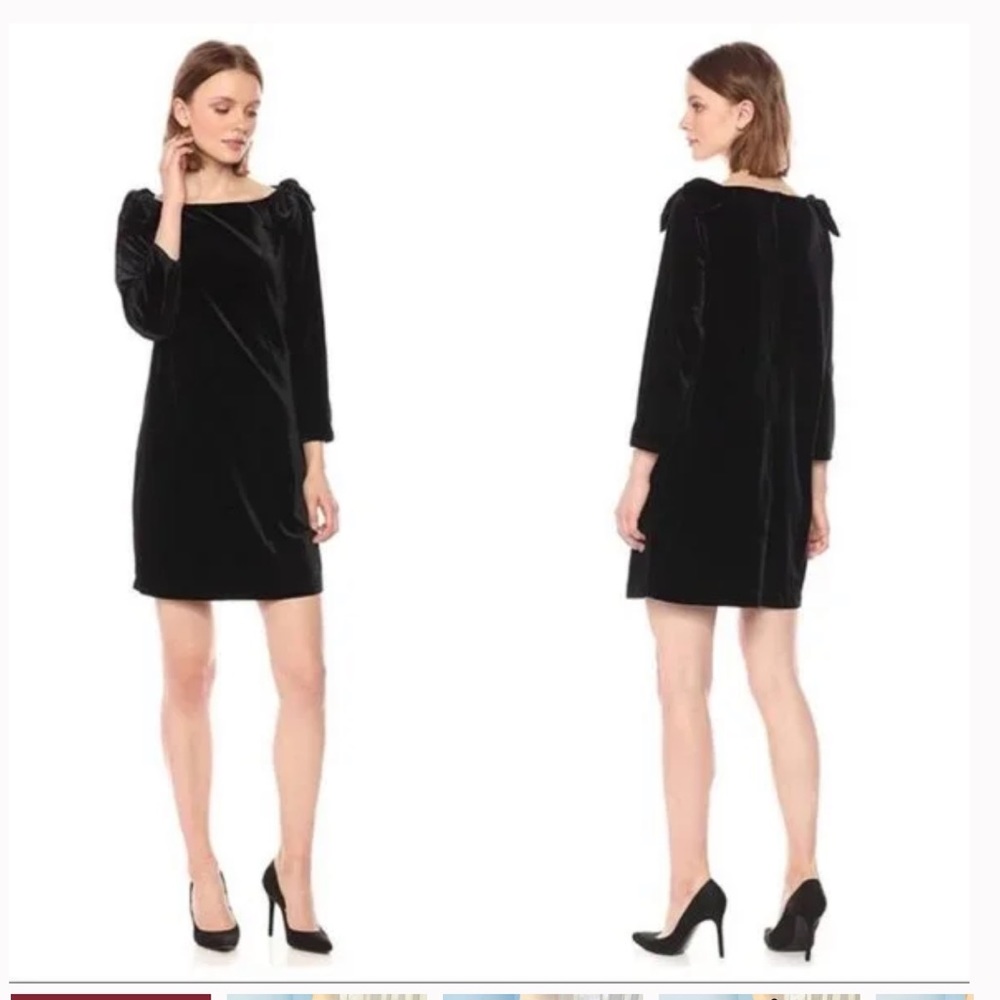 French connection black velvet dress with bow details, size 4